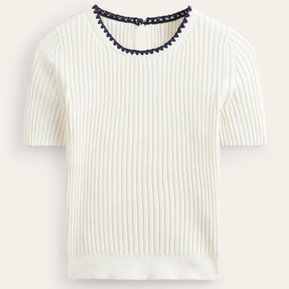Boden crochet trim knit T-shirt in ivory, sz M